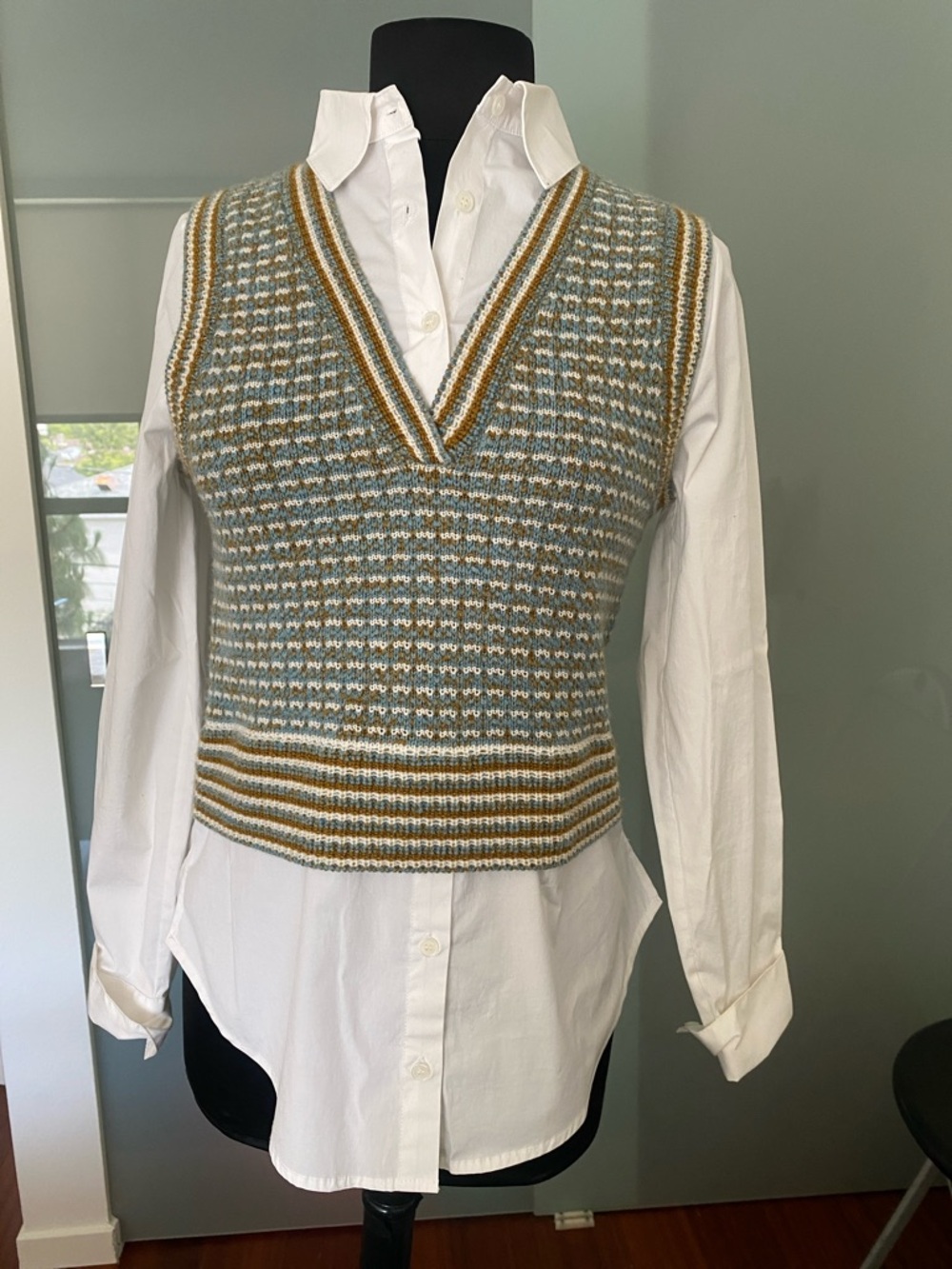 Veronica Beard Striped Knit V-Neck Sweater Vest in Gray, White & Mustard